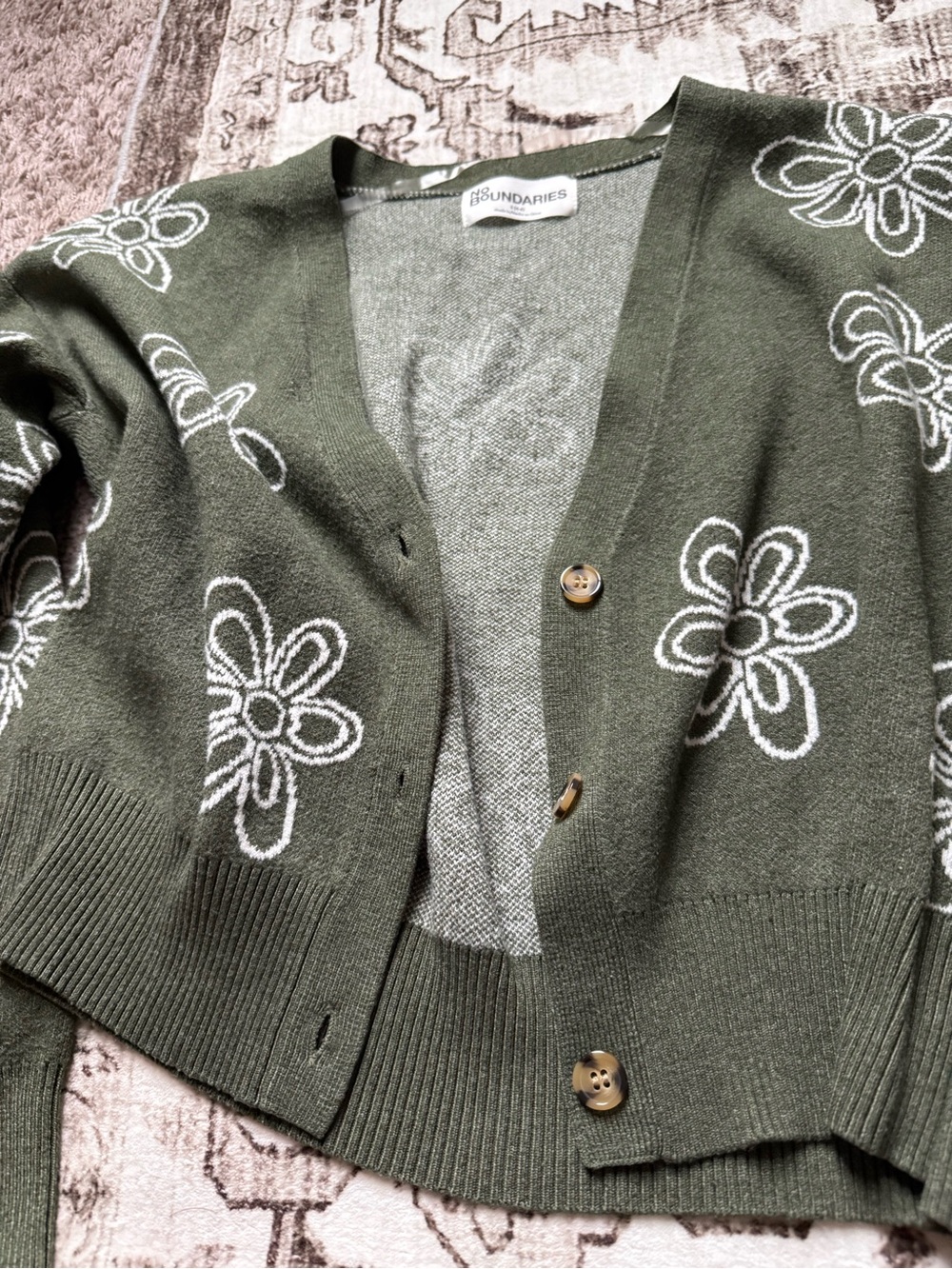 Olive Green Floral Knit Cardigan - Picture 3 of 4